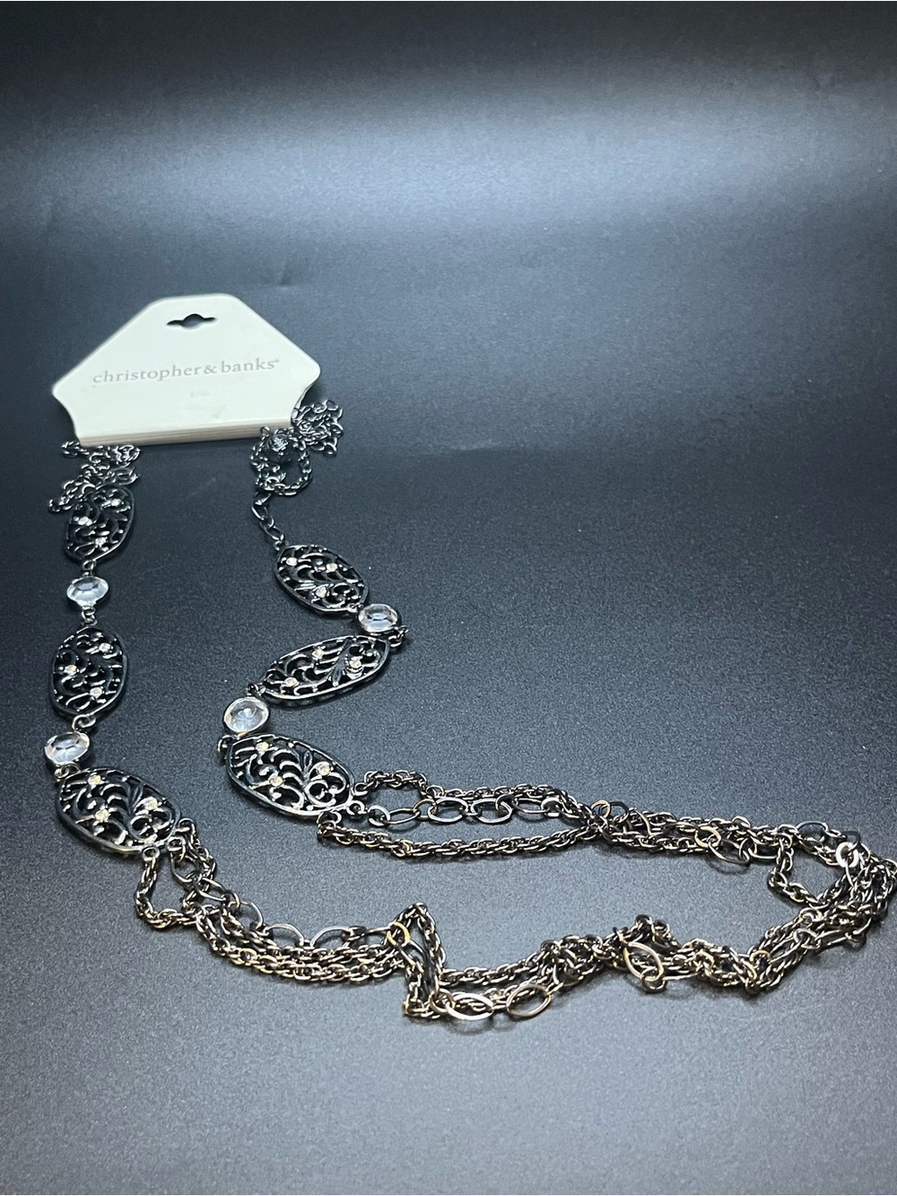 Christopher & Banks Black Filigree Long Necklace Crystal Accents Adjustable. 38”